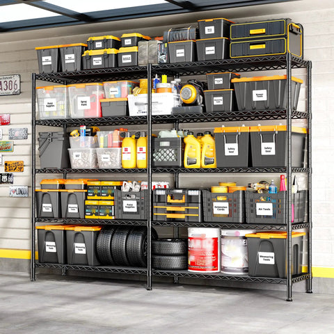 Beefy 70 Inch Wide Garage Storage Shelves Heavy Duty Metal Shelving Unit With 1600 Lbs Capacity L Shaped Configurable Design For Left Or Right Setup Tall 72 Inch Storage Rack Perfect For Workshop And Garage, black metal shelving loaded with bins