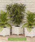 Three Lattice Design Outdoor Planter Box 14.75 Inch Square 13 Inch Tall White Plant Pots on porch with green plants