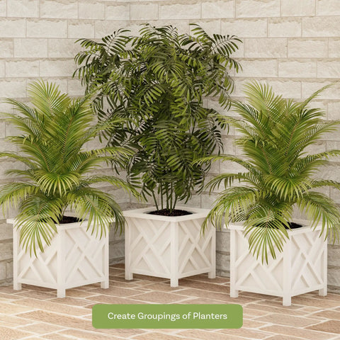 Three Lattice Design Outdoor Planter Box 14.75 Inch Square 13 Inch Tall White Plant Pots on porch with green plants