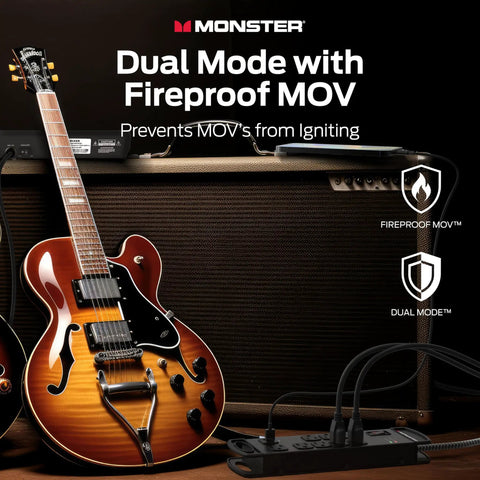 Guitar by amp with Power Strip Pro Surge Protector With 1960 Joules Of Protection Eight Outlets And Two USB A Ports