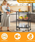 Three-Tier Rolling Cart With 150 Pound Capacity, Lightweight Black Kitchen Storage Cart With Two Lockable Wheels in kitchen