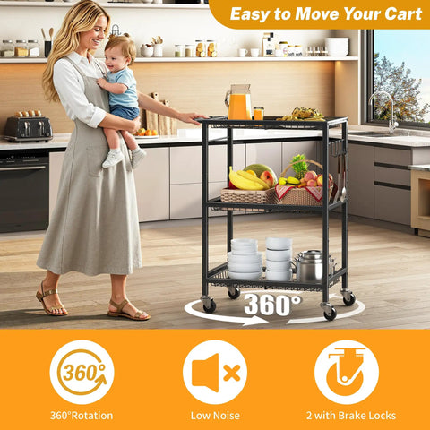 Three-Tier Rolling Cart With 150 Pound Capacity, Lightweight Black Kitchen Storage Cart With Two Lockable Wheels in kitchen