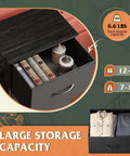 Open drawer of Four Drawer Dresser With Fabric Storage Tower And Wood Top showing large storage, books, and decor items.