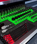 Magnetic Socket Organizer For One Quarter, Three Eighths And One Half Inch Drive SAE Sockets, Holds Up To One Hundred Twenty Three Sockets, Green Gearhead Must Have For A Clean, Streamlined Workshop in tool drawer with sockets and ratchets.