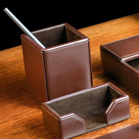 Bonded Leather Pencil Cup for Pens and Pencils, No Brainer Luxury Desk Organizer in dark brown on a wooden desk