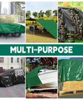 Heavy Duty 15x15 Ft Waterproof Tarp With Durable Reinforced Edges And Grommets, UV Resistant 10 Mil Thick, Green And Black, used on various objects outdoors.
