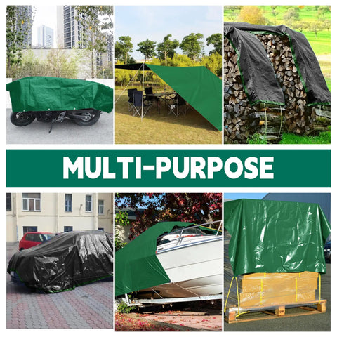 Heavy Duty 15x15 Ft Waterproof Tarp With Durable Reinforced Edges And Grommets, UV Resistant 10 Mil Thick, Green And Black, used on various objects outdoors.