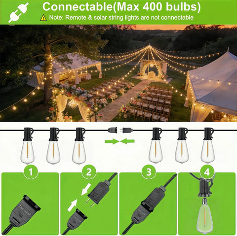 100Ft Outdoor String Lights Waterproof Patio Lighting With Clear Shatterproof ST38 Vintage Edison Bulbs Connectable