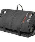 Folded view of black Cruise Backpack Roller Travel Bag with logo, 140 Liter Capacity, recycled PET, scuba gear bag.