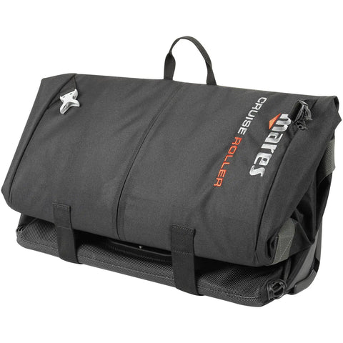 Folded view of black Cruise Backpack Roller Travel Bag with logo, 140 Liter Capacity, recycled PET, scuba gear bag.