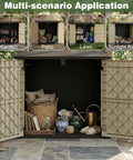 Weatherproof 36 Cu Ft Outdoor Storage Box With Lockable Doors showcasing garden tools on a patio