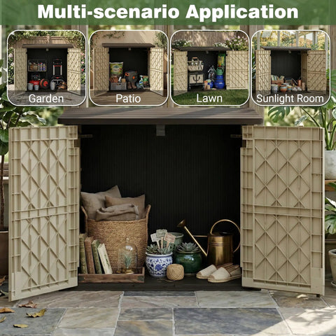 Weatherproof 36 Cu Ft Outdoor Storage Box With Lockable Doors showcasing garden tools on a patio