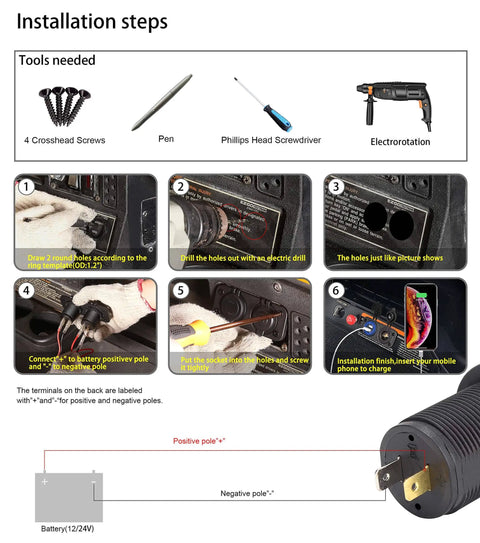 Installation guide for Golf Cart Cigarette Lighter Outlet With Quick Charge 3.0 USB Charger Waterproof 12V Input Power Socket
