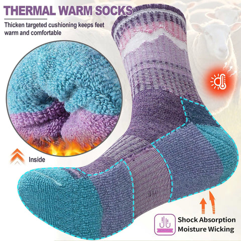 Women's Merino Wool Hiking Socks Set Thermal Winter Warm Cozy Outdoor Crew Socks 70 Percent Merino Wool Blend shown in purple