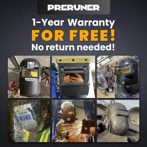 Collage of various welding helmets featuring an auto darkening welding lens with gold coating and cool blue puddle view.