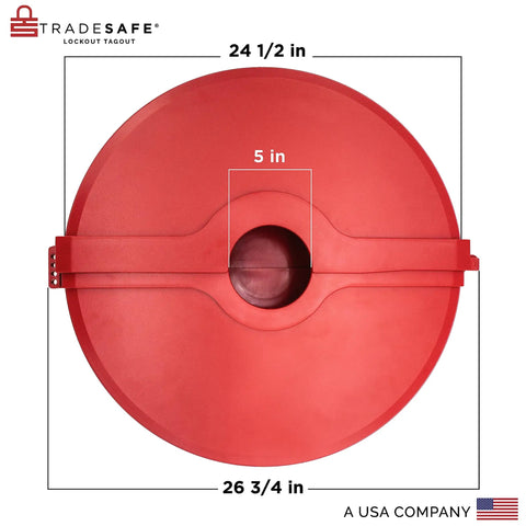 Top view of Heavy Duty Gate Valve Lockout Red Lockout Tagout Device for 18 to 24 inch valve handles up to 5 inch stems, OSHA compliant.
