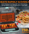 Bakers Friend Three In One Mini Waffle Maker With Swap Plates For Pancakes Grilled Cheese & Steak Indoor Grill Compact Breakfast Press Aquamarine showing dual-sided nonstick heating plates and waffles.