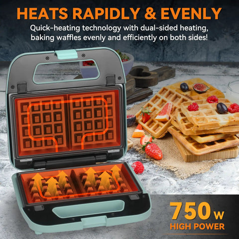 Bakers Friend Three In One Mini Waffle Maker With Swap Plates For Pancakes Grilled Cheese & Steak Indoor Grill Compact Breakfast Press Aquamarine showing dual-sided nonstick heating plates and waffles.