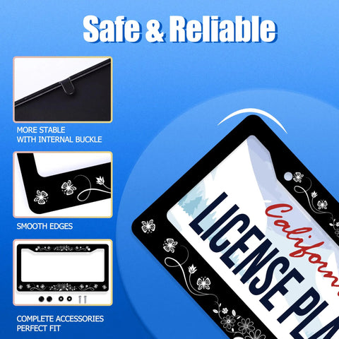 Close-up of Stainless Steel License Plate Frame Floral Daisy Butterfly Design With Screws Cute Floral Car Accessories description.