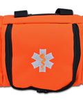 EMS trauma bag in orange, front view with Star of Life emblem and lime reflective stripes