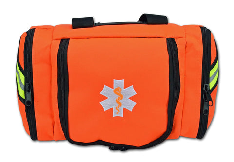 EMS trauma bag in orange, front view with Star of Life emblem and lime reflective stripes