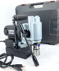 BlueROCK mini magnetic drill with T-handle, silver body, black base, in hard case