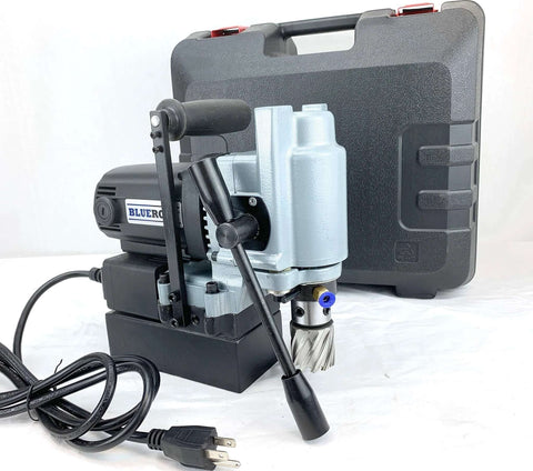 BlueROCK mini magnetic drill with T-handle, silver body, black base, in hard case