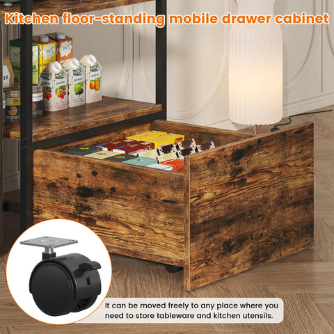 Super Handy 4 Tier Fridge Stand With Storage Shelves And Rolling Drawer Bakers Rack wood finish with visible mobile wheels