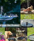 Various views of birds using Solar Powered Bird Bath Fountain Pump Kit With 4 Nozzle Heads in gardens and patios.