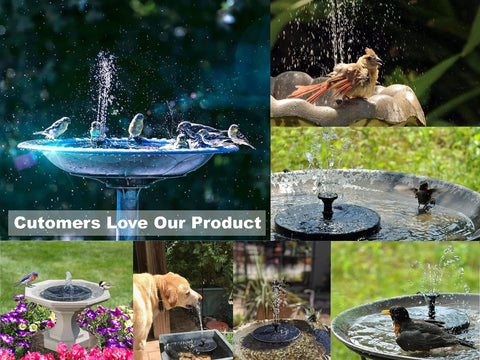 Various views of birds using Solar Powered Bird Bath Fountain Pump Kit With 4 Nozzle Heads in gardens and patios.