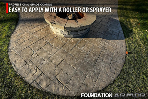 Heavy Duty Concrete And Paver Sealer Packing A Killer Low Gloss Wet Look Finish Top Shelf Color Boosting Solvent Based Acrylic Formula For Exterior Slabs And Patios 5 Gallon Size applied to stamped concrete patio around fire pit.
