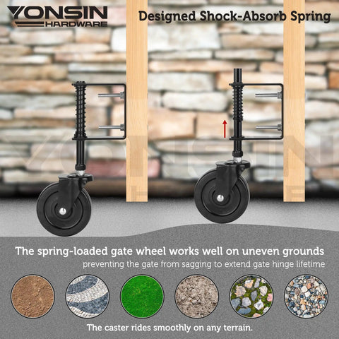 Built Tough Heavy Duty Spring Loaded Gate Caster With 360 Degree Swivel 4 Inch Gate Wheel Kit Up To 200 Lb Capacity shown attached to gate