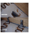 Before and after images showing Heavy Duty Sofa Zigzag Spring Repair Brackets Two Pack installed under sofa upholstery.