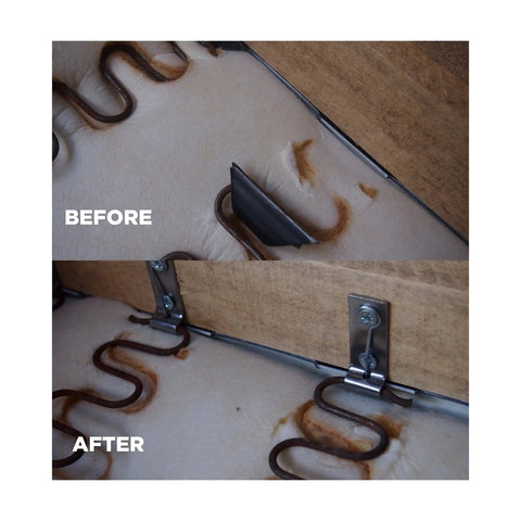 Before and after images showing Heavy Duty Sofa Zigzag Spring Repair Brackets Two Pack installed under sofa upholstery.