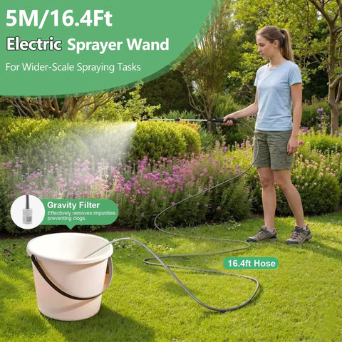 Person using Electric Telescopic Sprayer Wand With 3 Adjustable Nozzles And 16.4 Foot Hose No Fuss Battery Powered Garden Sprayer