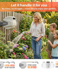 Woman using Retractable Garden Hose Reel 100 Foot Half Inch with Wall Mount Easy Pull Auto Rewind Slow Return in garden.