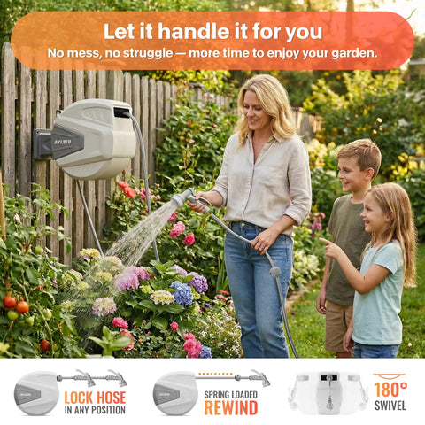 Woman using Retractable Garden Hose Reel 100 Foot Half Inch with Wall Mount Easy Pull Auto Rewind Slow Return in garden.