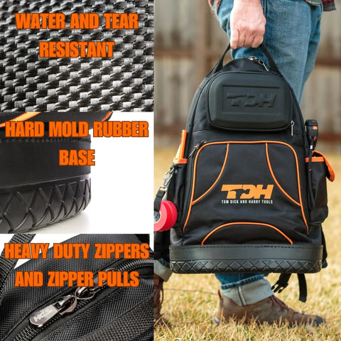 Heavy Duty Tool Backpack With Waterproof Base And Big Capacity Tool Bag Organizer shown with water-resistant features.
