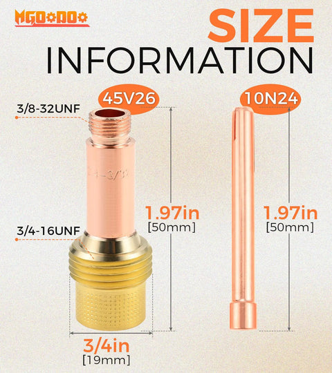 All-In-One TIG Welding Consumables Kit With Ten 3/32 Inch 10N24 TIG Collets And Five 45V26 Gas Lens Collet Bodies dimensions