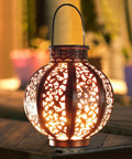 Two Pack Hanging Solar Lanterns Outdoor Copper Finish Vintage Style Solar Powered Lights For Yard Decor Waterproof LED 6 Lumens Warm White Glow With Real Firelight Look Iron And Plastic Construction