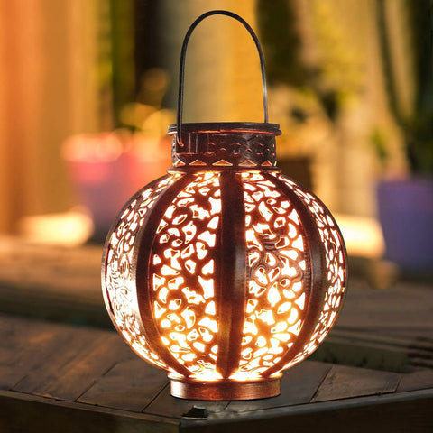 Two Pack Hanging Solar Lanterns Outdoor Copper Finish Vintage Style Solar Powered Lights For Yard Decor Waterproof LED 6 Lumens Warm White Glow With Real Firelight Look Iron And Plastic Construction