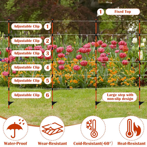 Garden with tulips enclosed by 45 Inch Fiberglass Step In Electric Fence Post Kit With 20 Temporary Stakes And Clips For Cows Sheep And Other Livestock