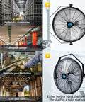 2 Pack 18 Inch High Velocity Industrial Wall Fans With TEAO Enclosure Motor, shown in workshop and warehouse settings.