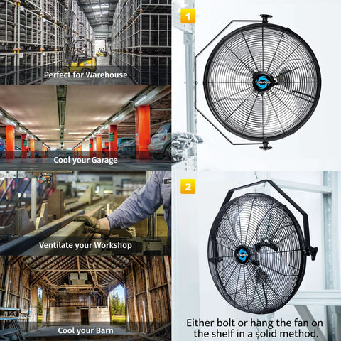 2 Pack 18 Inch High Velocity Industrial Wall Fans With TEAO Enclosure Motor, shown in workshop and warehouse settings.