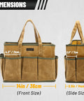 Waxed Canvas Tool Tote Bag With Large Capacity And 10 External Pockets, front and side view with dimensions, khaki color