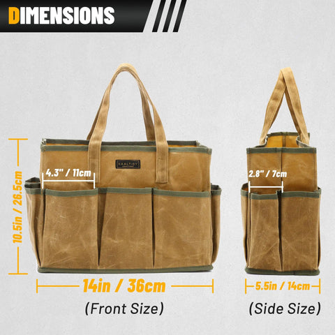 Waxed Canvas Tool Tote Bag With Large Capacity And 10 External Pockets, front and side view with dimensions, khaki color