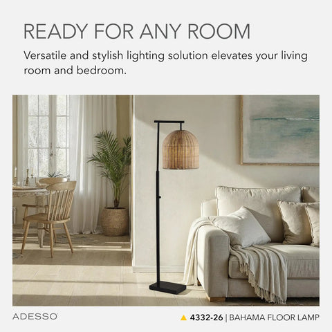 Coastal Modern Floor Lamp With Dark Bronze Base And Rattan Lampshade in living room setting, near sofa and window, 52 inch tall.