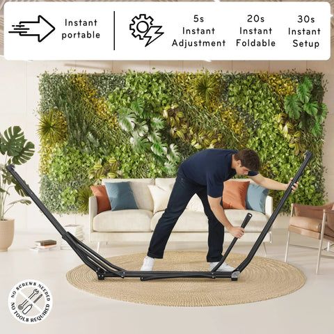 Person setting up hammock with heavy duty steel stand for indoor and outdoor chill sessions 600lb capacity foldable 2 layer soft polyester