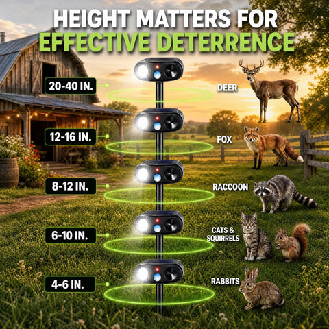 Solar Ultrasonic Animal Repeller With Motion Sensor Light Outdoor Deterrent To Keep Deer Raccoons Squirrels Rabbits Skunks Out Of Your Garden Easy Install Weatherproof Durable Yard Guardian, black stake with height guide