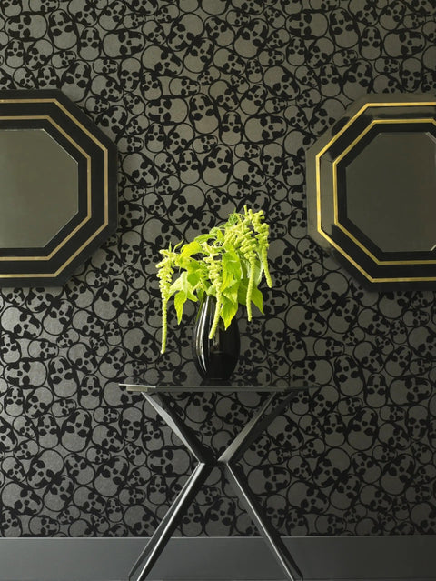 Black Flocked Skulls Wallpaper With Barbara Hulanicki Style, Totally Edgy Gothic Vibe For Accent Walls, Paste-The-Wall Installation